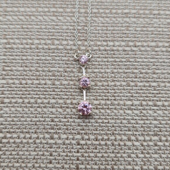 18 Inch Sterling Silver Triple Pink Cubic Zirconia Necklace A5720 - Picture 4 of 8